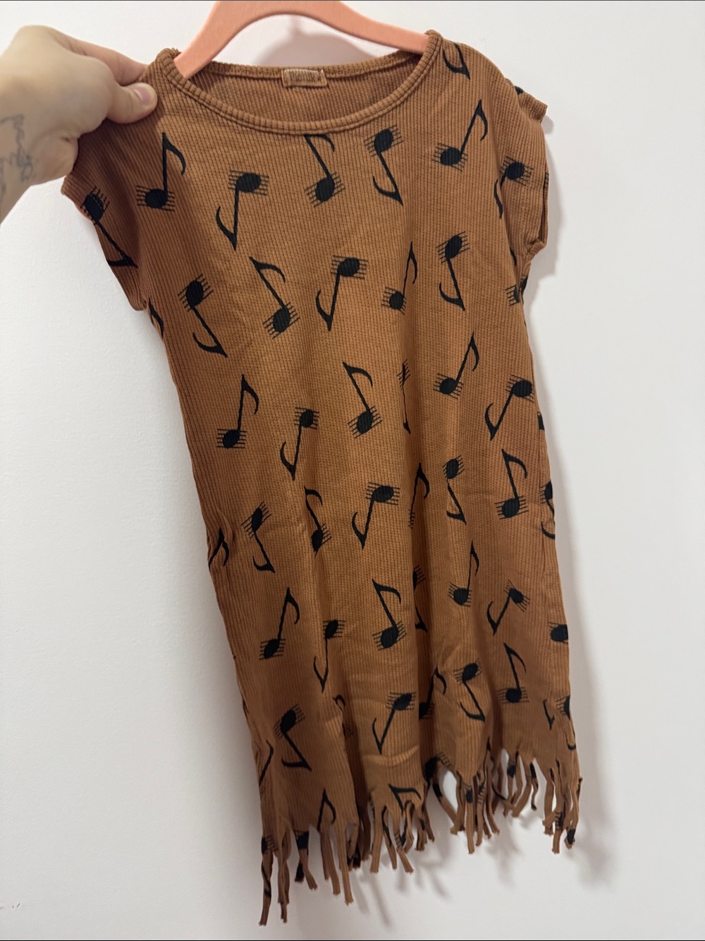 Girls' Brown Music Note Fringe Dress - Casual Knit